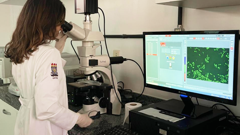 120620253.png Profa. Laís Gonçalves analisando o resultado do teste do cometa realizado pela aluna Glaucianne Andrade